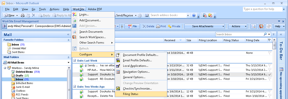 FileSite 9.0 menu to configure Filing Status in Outlook 2007